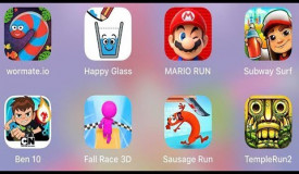 Wormate io,Subway Surf,Mario Run,Fall Race 3D,Sausage Run,Temple Run 2,Happy Glass,Ben 10