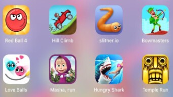Red Ball 4,Temple Run,Hungry Shark,Masha Run,Love Balls,Slither io,Bowmasters,Hill Climb