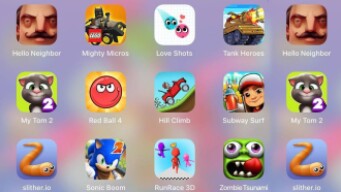 HelloNeighbor,SubwaySurf,RunRace3D,TankHeroes,HillClimb,RedBall4,MyTom 2,Slither,Sonic,Mighty Micros