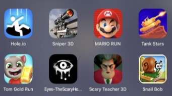 Hole.io,Sniper 3D,Mario Run,Tank Star,Tom Gold Run,Eyes Horror,Scary Teacher 3D,Snail Bob