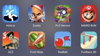 Hole.io,Zooba,PVZ Heroes,Mario Run,SZ 3,Fruit Ninja,Red Ball,Fun Race 3D