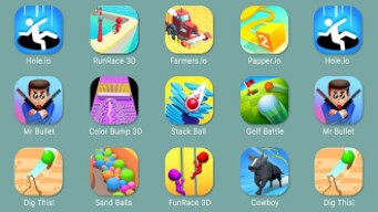 Hole.io, FunRace 3D, Farmers.io, Paper.io 2, Mr Bullet, Color Bump 3D, Stack Ball, Golf Battle