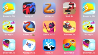 Paper 3D, Party, Slither, Suck.io, String, Farmers.io, Spear 3D, Snowball, Aquapark.io, Hole
