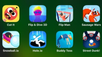 Cut It, Flip & Drive 3D, Flip Man, Sasuage Wars, Snowball.io, Hole.io, Buddy Toss, Street Dunk