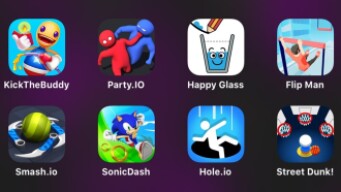 Kick The Buddy Forever, Party.IO, Happy Glass, Flip Man, Smash.io, Sonic Dash, Hole.io, Street Dunk