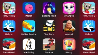 Tom Jetski 2, Dadish, Dancing Road, My Angela, Hole.io, Rolling Domino, Tiny Cars, Jumanji, Suck.io