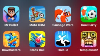 Mr Bullet, Moto X3M, Sausage Wars, Goal Party, Bowmasters, Stack Ball, Hole.io, Temple Run 2