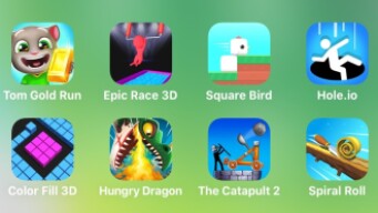 Tom Gold Run, Epic Race 3D, Square Bird, Hole.io, Color Fill 3D, Hungry Dragon, The Catapult 2
