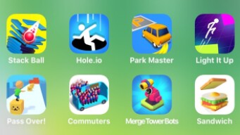 Stack Ball, Hole.io, Park Master, Light It Up, Pass Over, Commuters, Merge Tower Bots, Sandwich