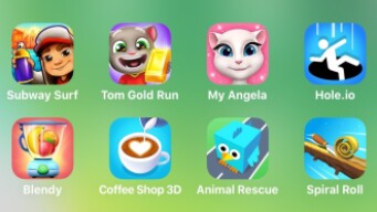 Subway Surf, Tom Gold Run, My Angela, Hole.io, Blendy, Coffee Shop 3D, Animal Rescue, Spiral Roll