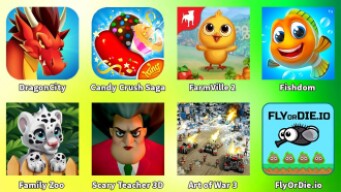 FlyOrDie.io,Scary Teacher 3D,Art of War 3,DragonCity,Candy Crush Saga,FarmVille 2,Fishdom,Family Zoo