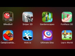 Red Ball, Sniper 3D, Garden scapes, Fun Race 3D, Candy Crush, Hole.io, Ultimate Disc, Lep's World