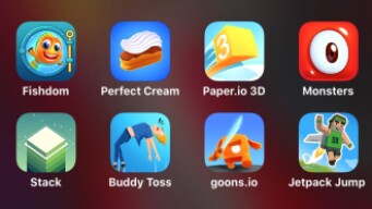 Fishdom, Perfect Cream, Paper.io 3D, Monsters, Stack, Buddy Toss, Goons.io, Jetpack Jump