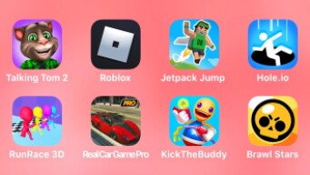 Talking Tom 2, Roblox, Jetpack Jump, Hole.io, Run Race 3D, Real Car Game Pro, Kick The Buddy Forever