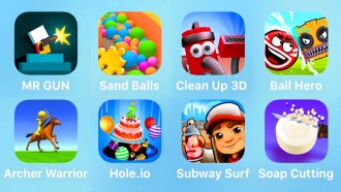 Mr Gun, Sand Balls, Clean Up 3D, Ball Hero, Archer Warrior, Hole.io, Subway Surf, Soap Cutting