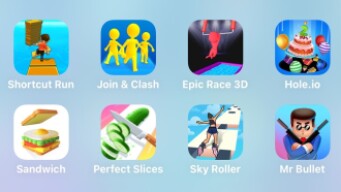 Shortcut Run, Join Clash 3D, Epic Race 3D, Hole.io, Sandwich, Perfect Slices, Sky Roller, Mr Bullet