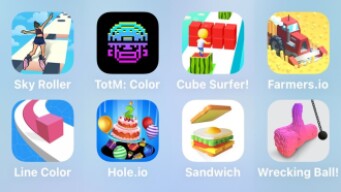 Sky Roller, TotM Color, Cube Surfer, Farmers.io, Line Color,Hole.io, Sandwich, Wrecking Ball
