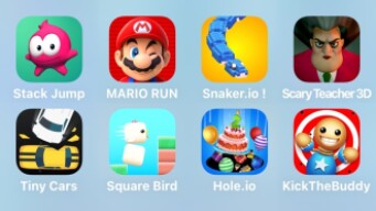 Stack Jump, Mario Run, Snaker.io, Scary Teacher 3D, Tiny Cars, Square Bird, Hole.io, Kick The Buddy