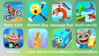 Moto X3M, Stretch Guy, Sausage Run, Push'em All, Hole.io, Cube Surfer, Animal Rescue, Tom Gold Run