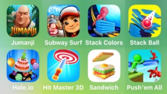 Jumanji, Subway Surf, Stack Colors, Stack Ball, Hole.io, Hit Master 3D, Sandwich, Push'em All
